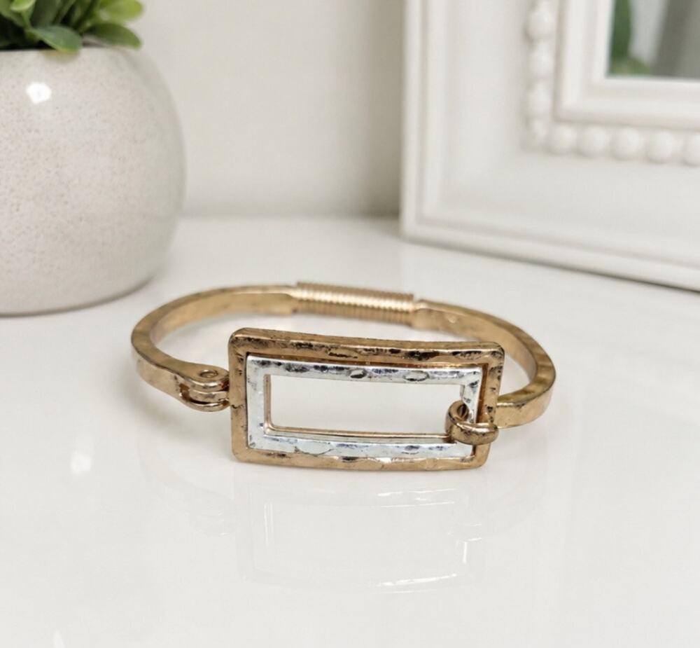Pomina Gold Silver Rectangle Bangle Front Open Bracelet New